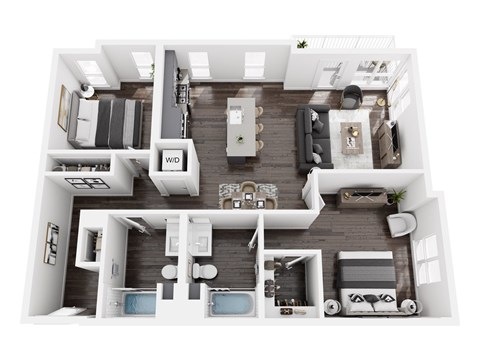 A top-down view of a modern apartment layout.